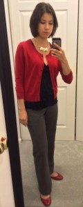 Red, black, and gray work outfit.