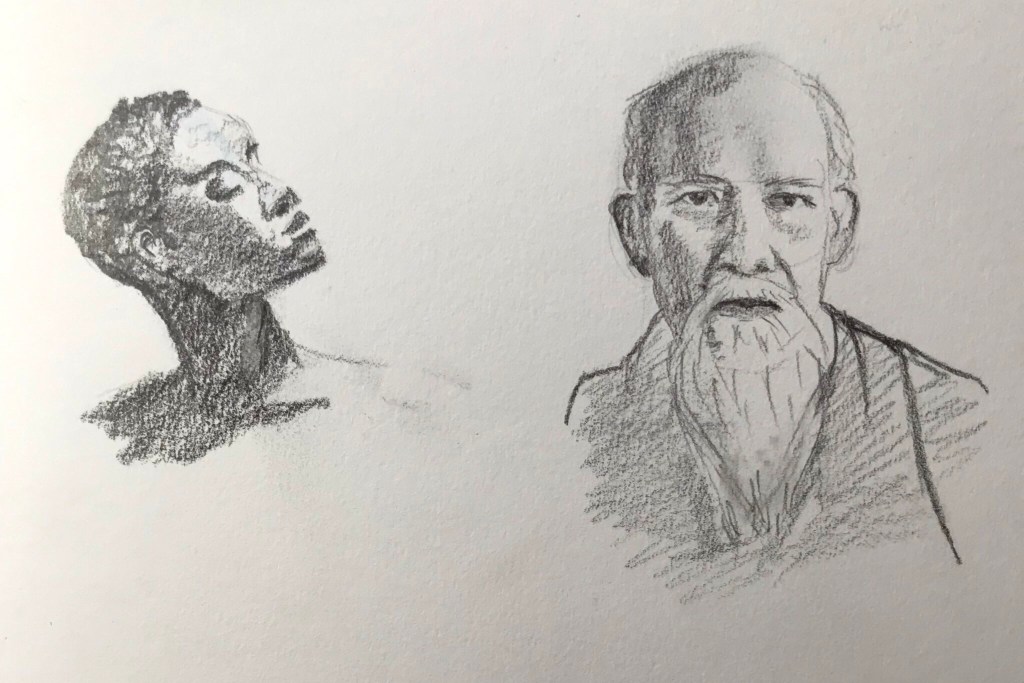 Pencil sketches of two faces. One is a black woman looking up to the right. One is an elderly Asian man looking directly at you. 